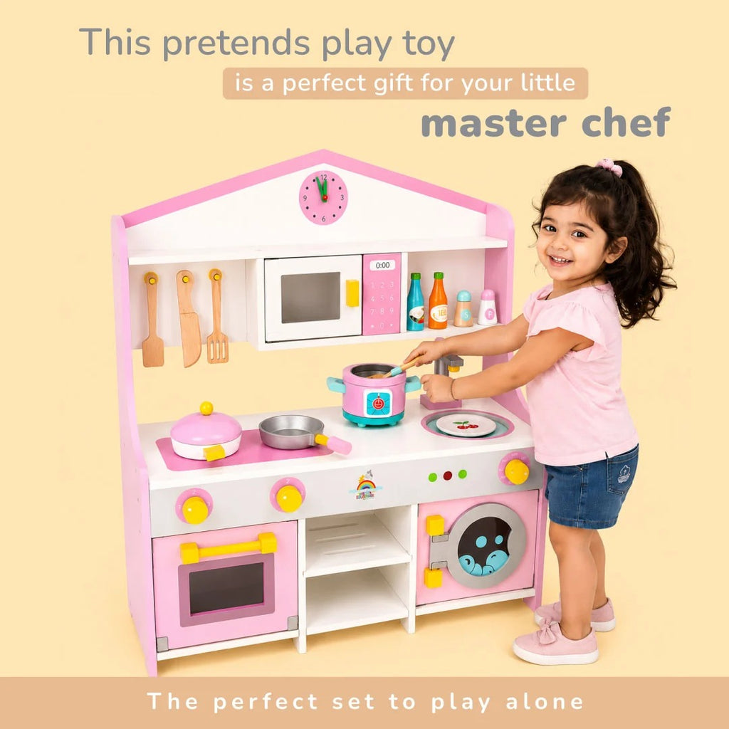 Wooden Pink and White Kitchen Set